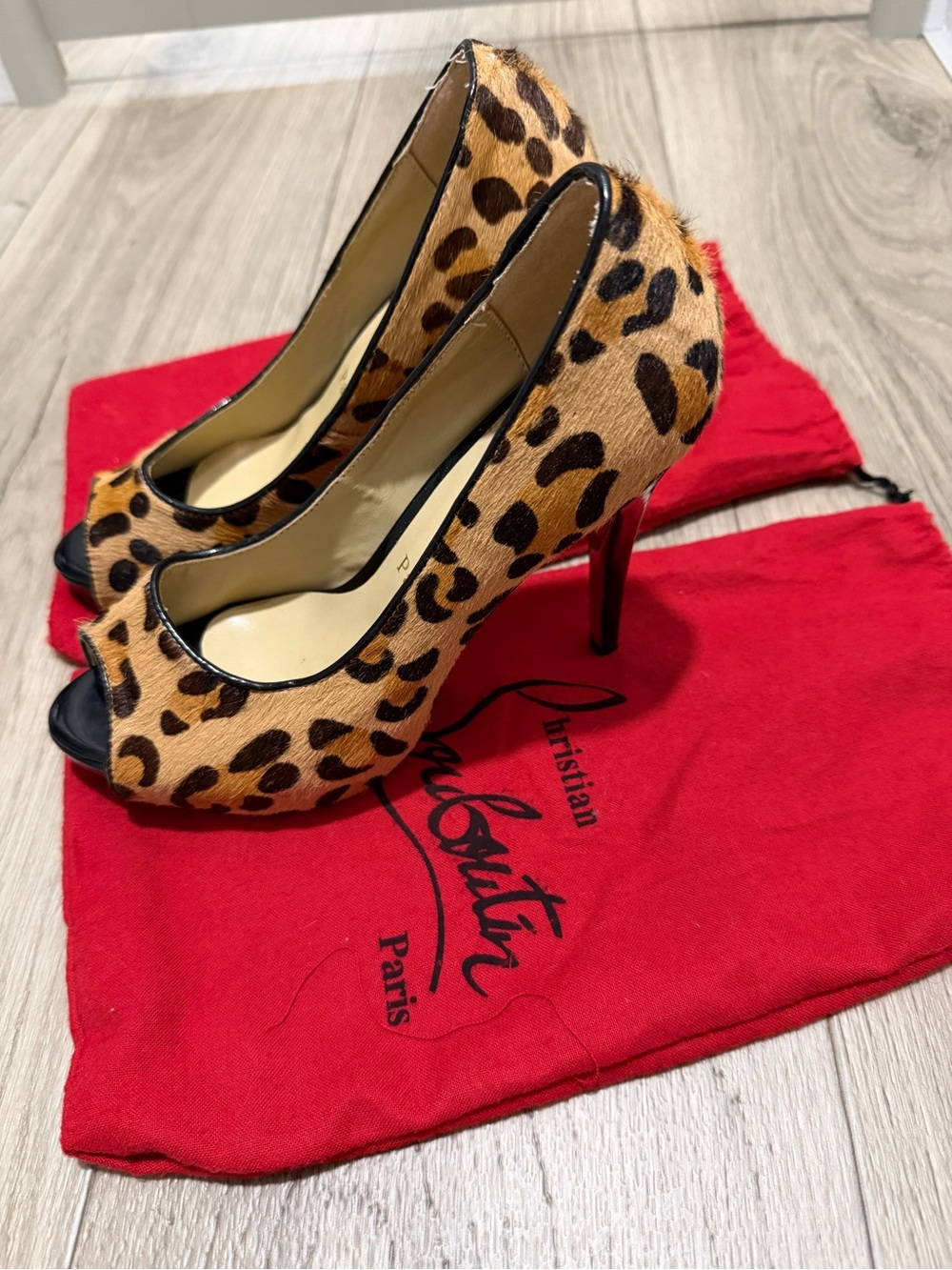 Christian Louboutin Leopard Print Pony Hair Peep-Toe Pumps - Tan and Black